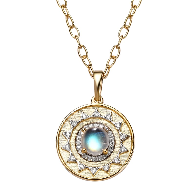Premium Rainbow Moonstone and Moissanite Celestial Sun Coin Medallion Necklace 18 Inches in Vermeil Yellow Gold Over Sterling Silver 1.35 ctw