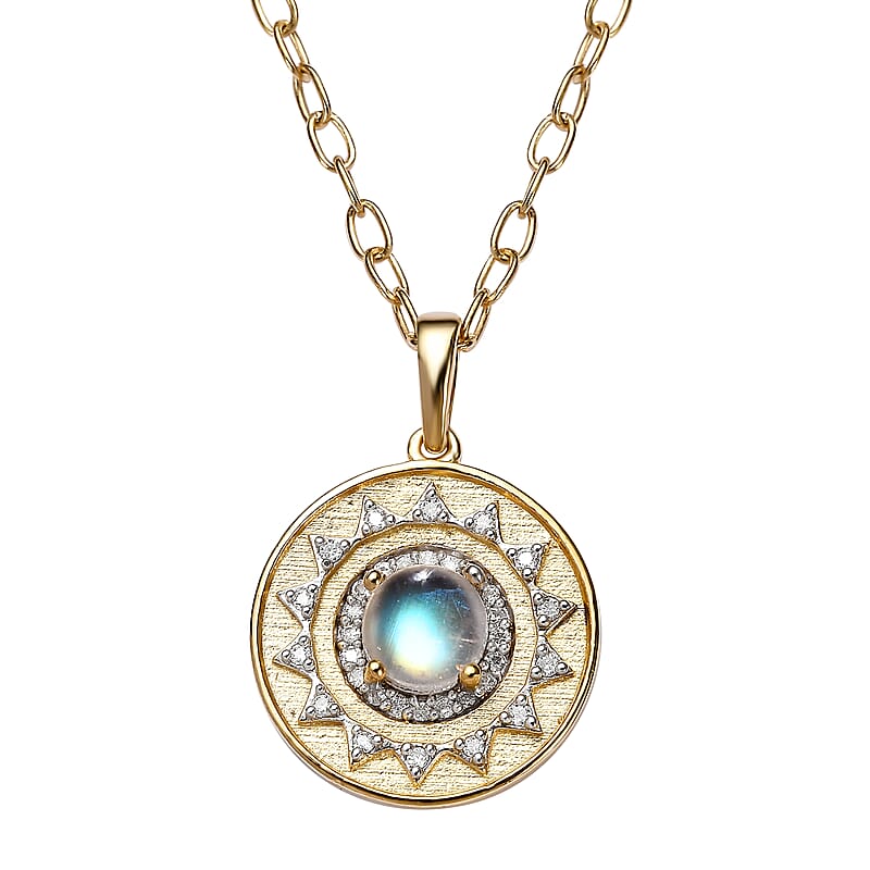 Premium Rainbow Moonstone and Moissanite Celestial Sun Coin Medallion Necklace 18 Inches in Vermeil Yellow Gold Over Sterling Silver 1.35 ctw