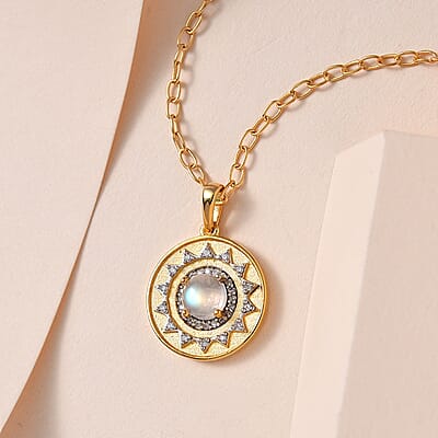 Premium Rainbow Moonstone and Moissanite Celestial Sun Coin Medallion Necklace 18 Inches in Vermeil Yellow Gold Over Sterling Silver 1.35 ctw