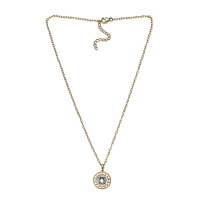 Premium Rainbow Moonstone and Moissanite Celestial Sun Coin Medallion Necklace 18 Inches in Vermeil Yellow Gold Over Sterling Silver 1.35 ctw