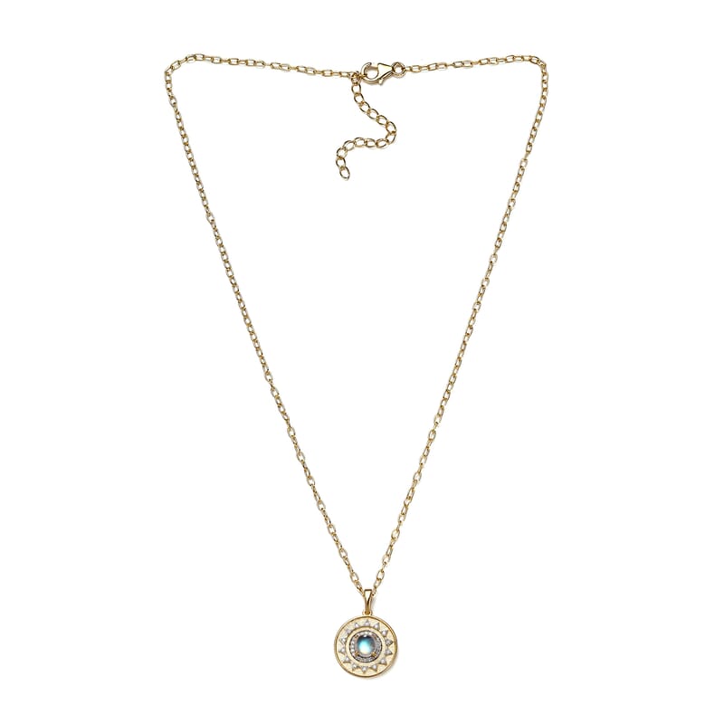 Premium Rainbow Moonstone and Moissanite Celestial Sun Coin Medallion Necklace 18 Inches in Vermeil Yellow Gold Over Sterling Silver 1.35 ctw