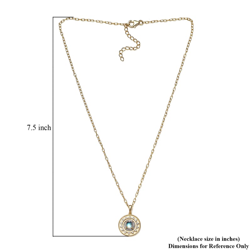 Premium Rainbow Moonstone and Moissanite Celestial Sun Coin Medallion Necklace 18 Inches in Vermeil Yellow Gold Over Sterling Silver 1.35 ctw