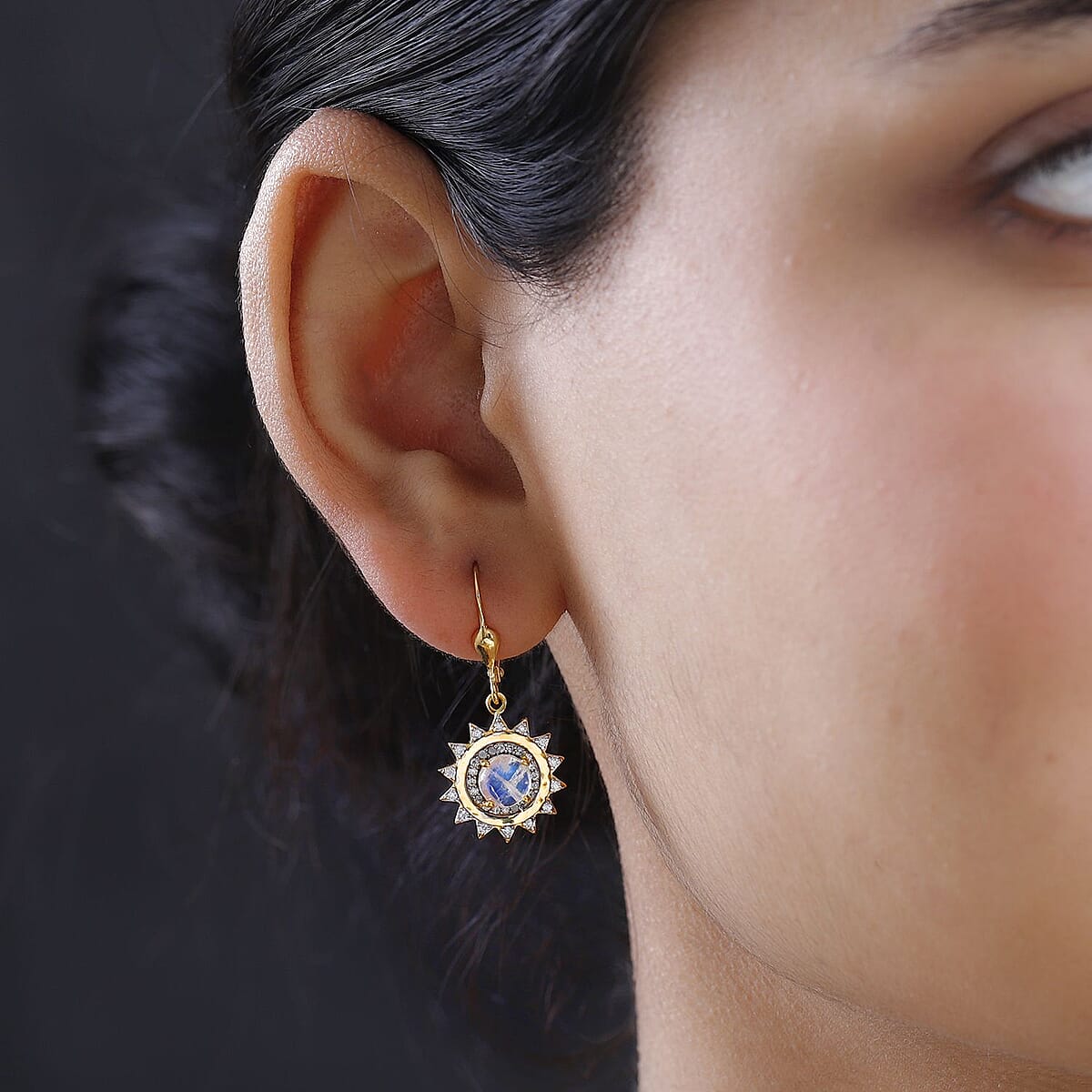 Premium Rainbow Moonstone and Moissanite Celestial Sun Lever Back Earrings in Vermeil Yellow Gold Over Sterling Silver 2.65 ctw image number 2