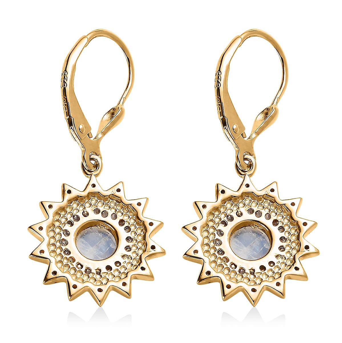 Premium Rainbow Moonstone and Moissanite Celestial Sun Lever Back Earrings in Vermeil Yellow Gold Over Sterling Silver 2.65 ctw image number 3