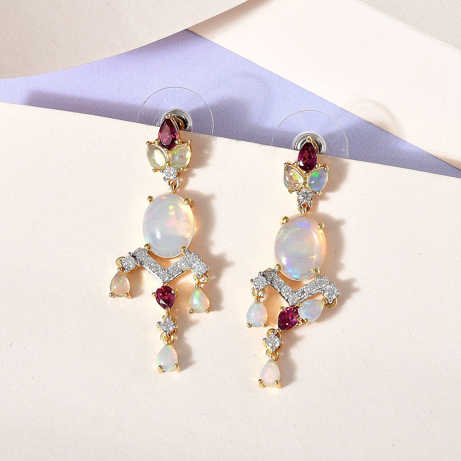 Ethiopian Welo Opal and Multi Gemstone Floral Chandelier Earrings in Vermeil Yellow Gold Over Sterling Silver 5.75 ctw