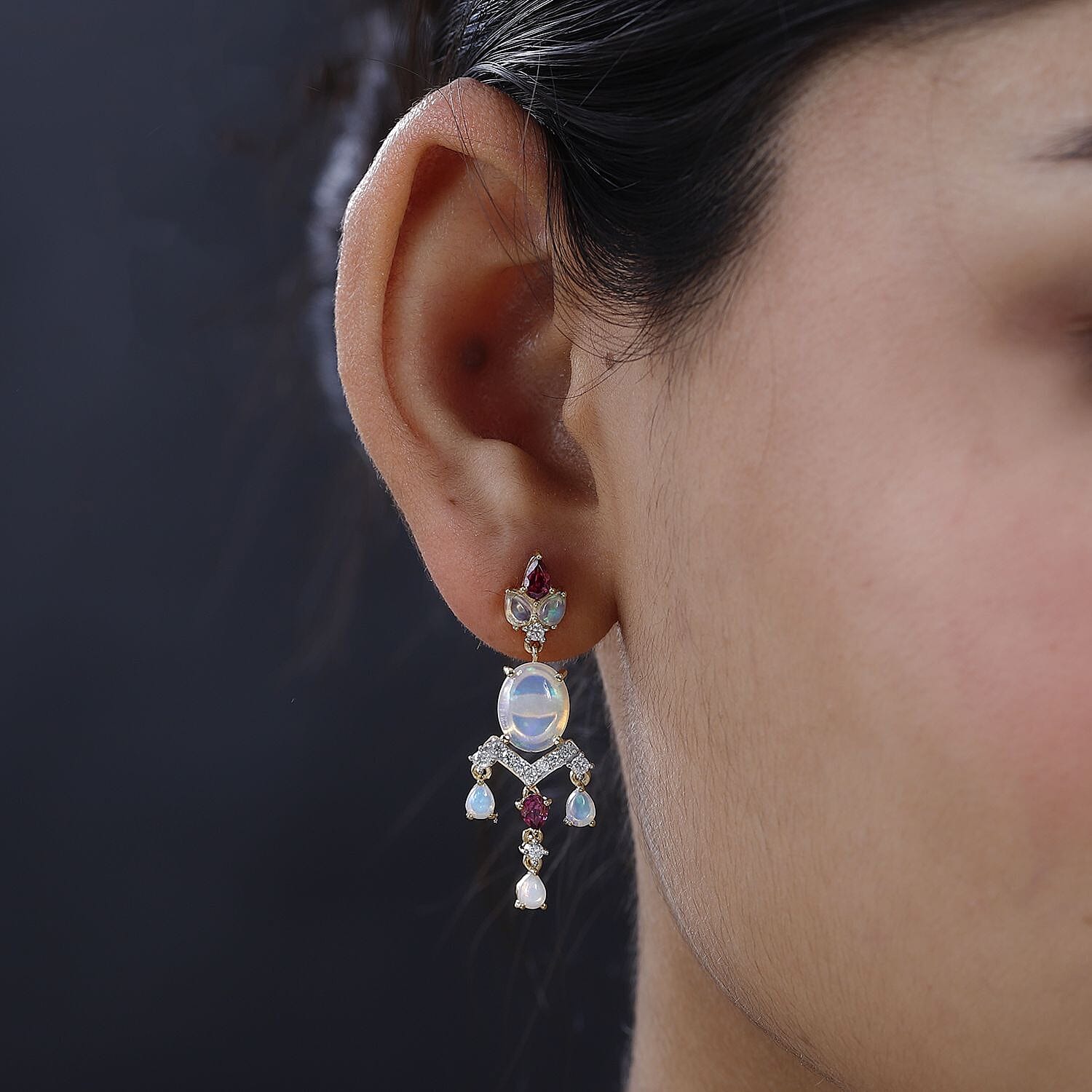 Ethiopian Welo Opal and Multi Gemstone Floral Chandelier Earrings in Vermeil Yellow Gold Over Sterling Silver 5.75 ctw