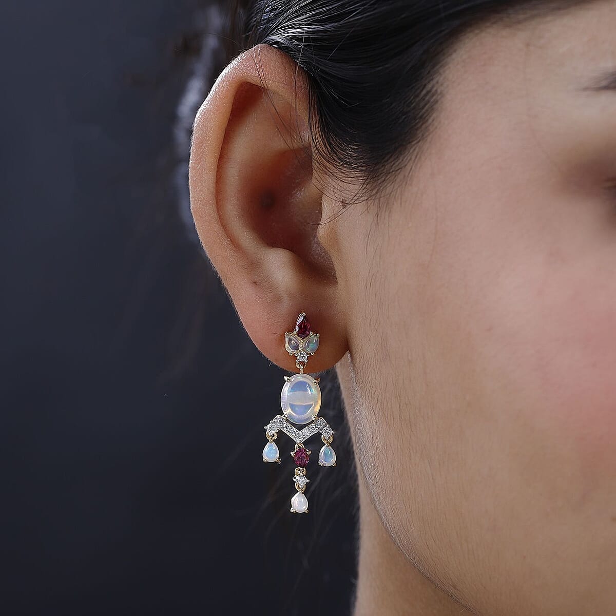 Ethiopian Welo Opal and Multi Gemstone Floral Chandelier Earrings in Vermeil Yellow Gold Over Sterling Silver 5.75 ctw image number 2