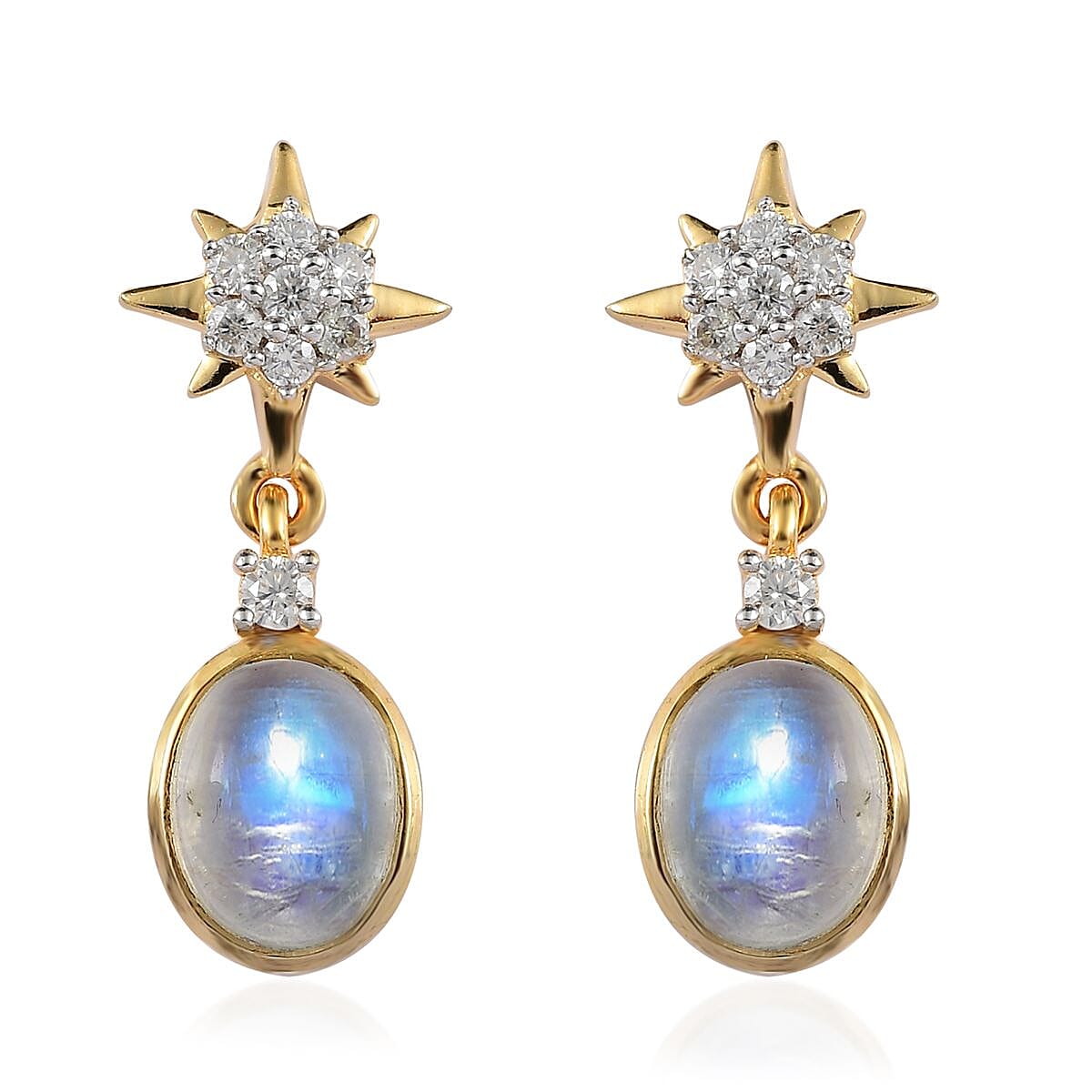 Premium Rainbow Moonstone, Moissanite Celestial Star Drop Statement Earrings in Vermeil YG Over Sterling Silver 3.40 ctw image number 0
