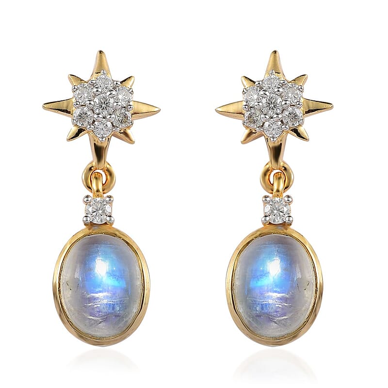 Premium Rainbow Moonstone and Moissanite Celestial Star Drop Statement Earrings in Vermeil Yellow Gold Over Sterling Silver 3.40 ctw
