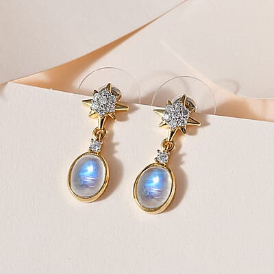 Premium Rainbow Moonstone and Moissanite Celestial Star Drop Statement Earrings in Vermeil Yellow Gold Over Sterling Silver 3.40 ctw