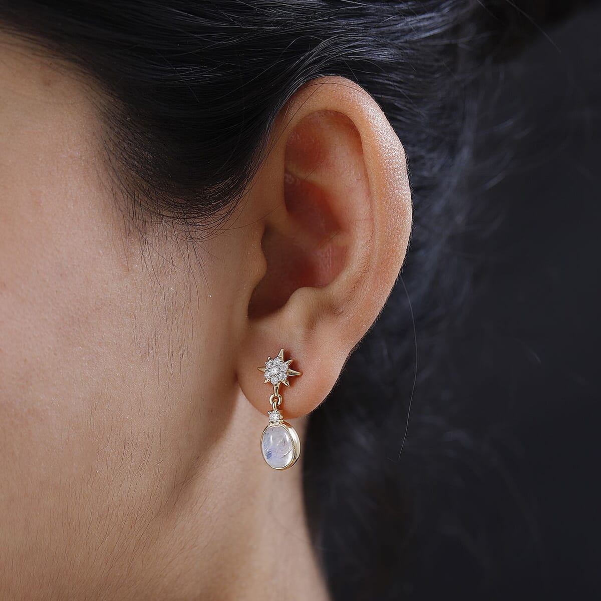Premium Rainbow Moonstone, Moissanite Celestial Star Drop Statement Earrings in Vermeil YG Over Sterling Silver 3.40 ctw image number 2