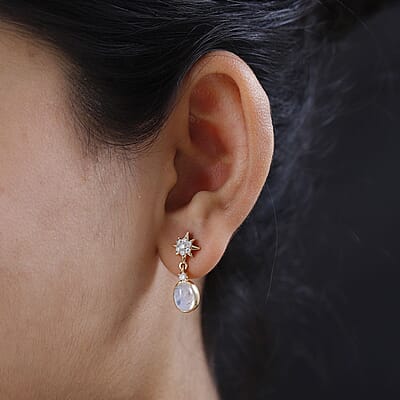 Premium Rainbow Moonstone and Moissanite Celestial Star Drop Statement Earrings in Vermeil Yellow Gold Over Sterling Silver 3.40 ctw