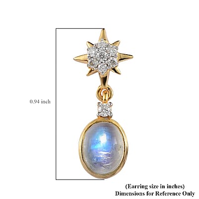 Premium Rainbow Moonstone and Moissanite Celestial Star Drop Statement Earrings in Vermeil Yellow Gold Over Sterling Silver 3.40 ctw