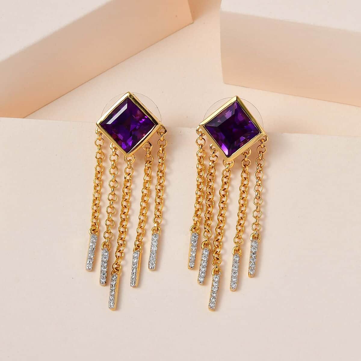 Amethyst and Moissanite Dangling Fringe Earrings in Vermeil Yellow Gold Over Sterling Silver 5.35 ctw image number 1