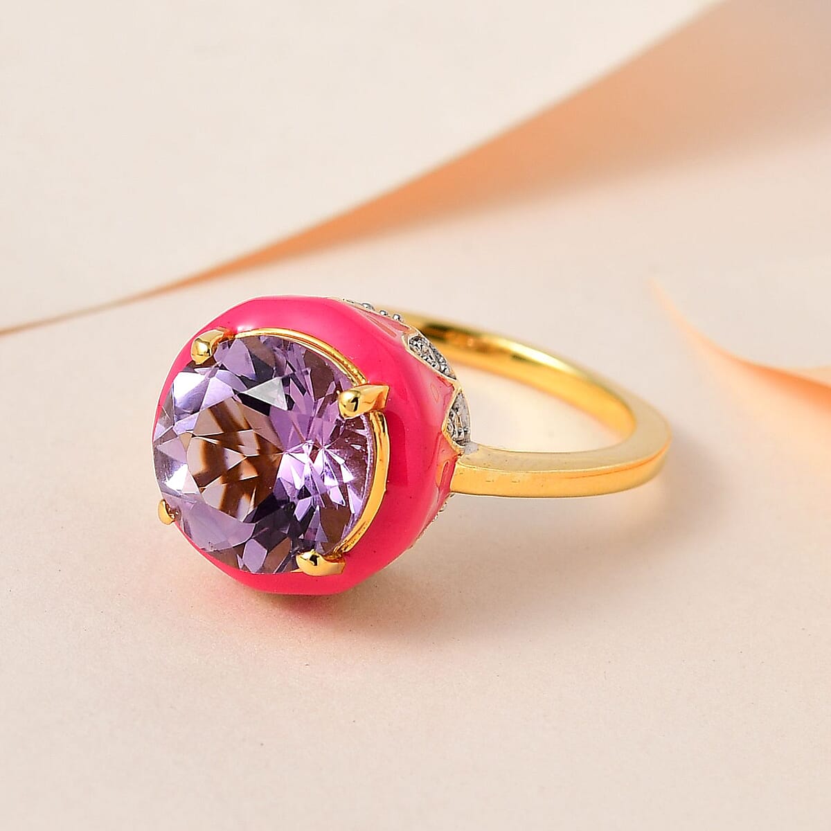 Doorbuster Rose De France Amethyst, Moissanite, Pink Enameled Ring in Vermeil YG Over Sterling Silver 4.00 ctw image number 1