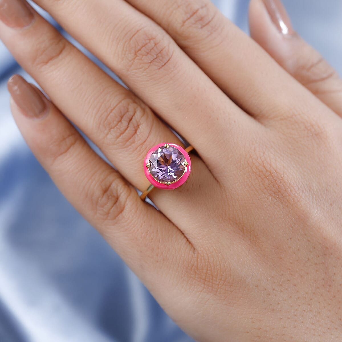Doorbuster Rose De France Amethyst, Moissanite, Pink Enameled Ring in Vermeil YG Over Sterling Silver 4.00 ctw image number 2