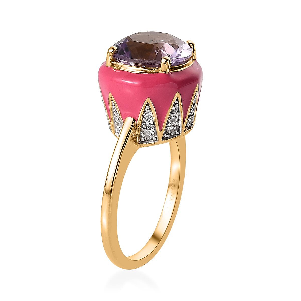 Doorbuster Rose De France Amethyst, Moissanite, Pink Enameled Ring in Vermeil YG Over Sterling Silver 4.00 ctw image number 3