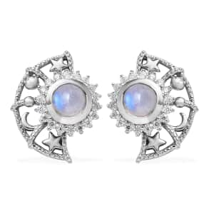 Premium Rainbow Moonstone, Moissanite Celestial Sun, Moon, and Stars Statement Earrings in Platinum Over Sterling Silver 1.60 ctw