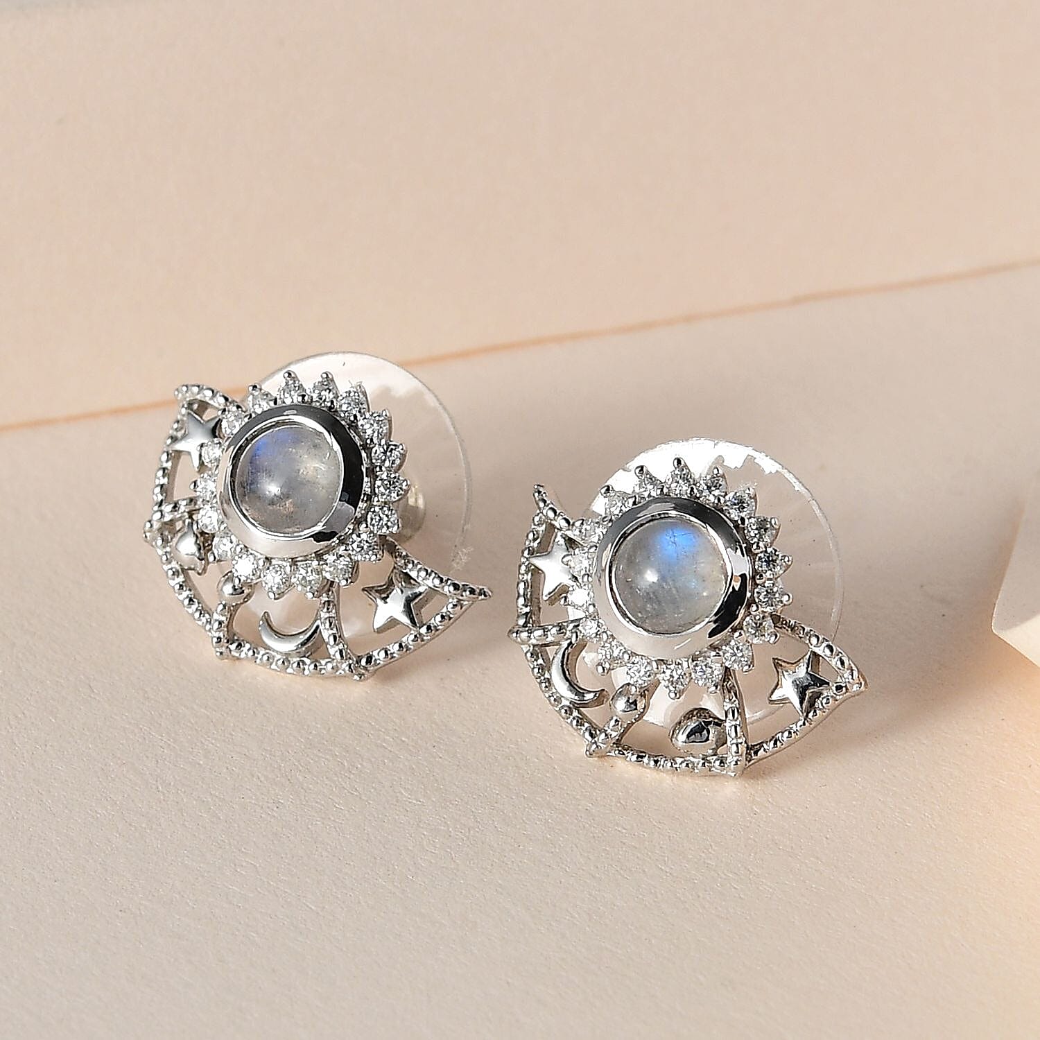 Premium Rainbow Moonstone, Moissanite Celestial Sun, Moon, and Stars Statement Earrings in Platinum Over Sterling Silver 1.60 ctw