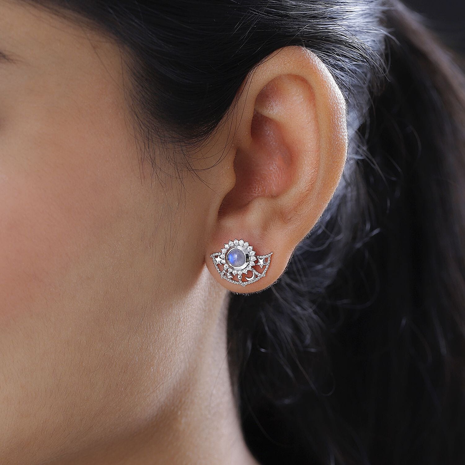 Premium Rainbow Moonstone, Moissanite Celestial Sun, Moon, and Stars Statement Earrings in Platinum Over Sterling Silver 1.60 ctw