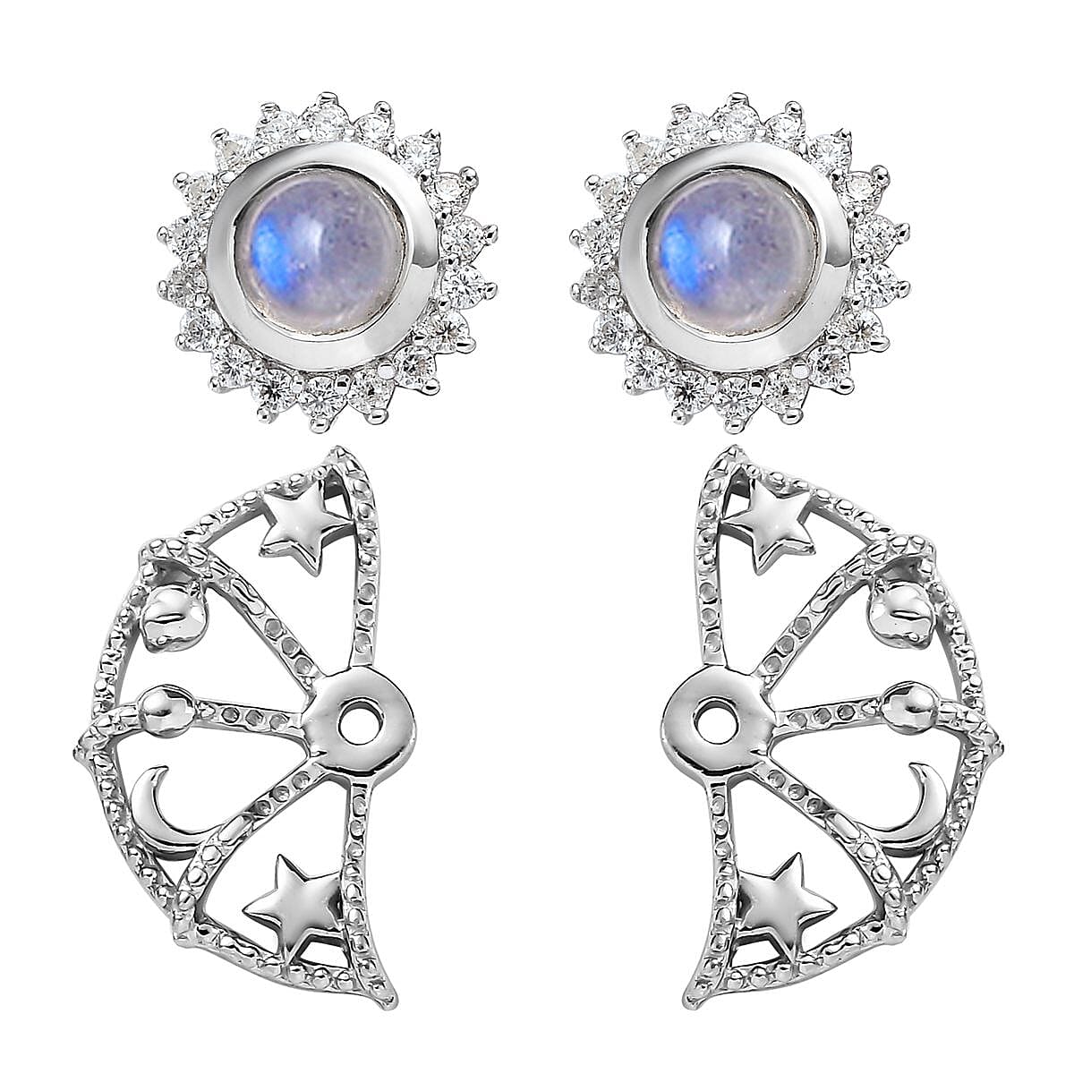 Premium Rainbow Moonstone, Moissanite Celestial Sun, Moon, and Stars Statement Earrings in Platinum Over Sterling Silver 1.60 ctw
