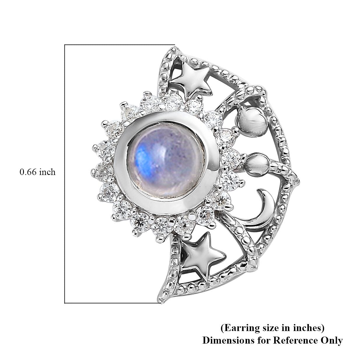 Premium Rainbow Moonstone, Moissanite Celestial Sun, Moon, and Stars Statement Earrings in Platinum Over Sterling Silver 1.60 ctw