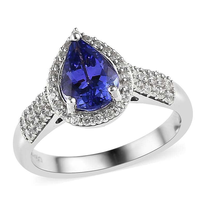 Premium Tanzanite and White Zircon Halo Ring in Platinum Over Sterling Silver (Size 10.0) 1.65 ctw