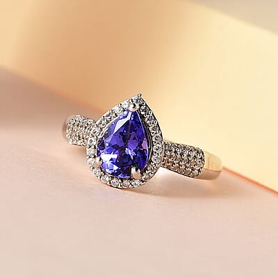 Premium Tanzanite and White Zircon Halo Ring in Platinum Over Sterling Silver (Size 10.0) 1.65 ctw