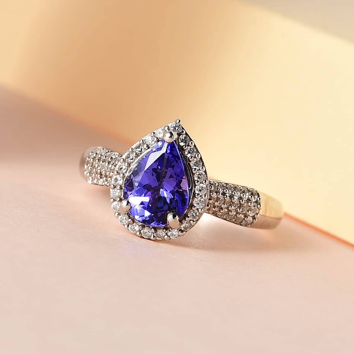Premium Tanzanite and White Zircon Halo Ring in Platinum Over Sterling Silver 1.65 ctw image number 1