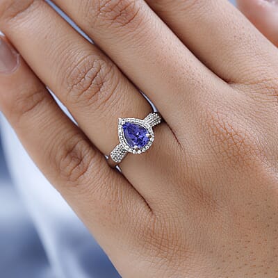 Premium Tanzanite and White Zircon Halo Ring in Platinum Over Sterling Silver (Size 10.0) 1.65 ctw