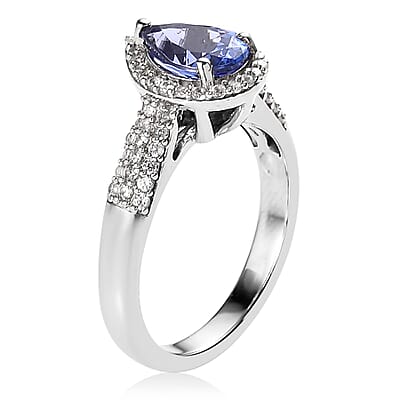 Premium Tanzanite and White Zircon Halo Ring in Platinum Over Sterling Silver (Size 10.0) 1.65 ctw