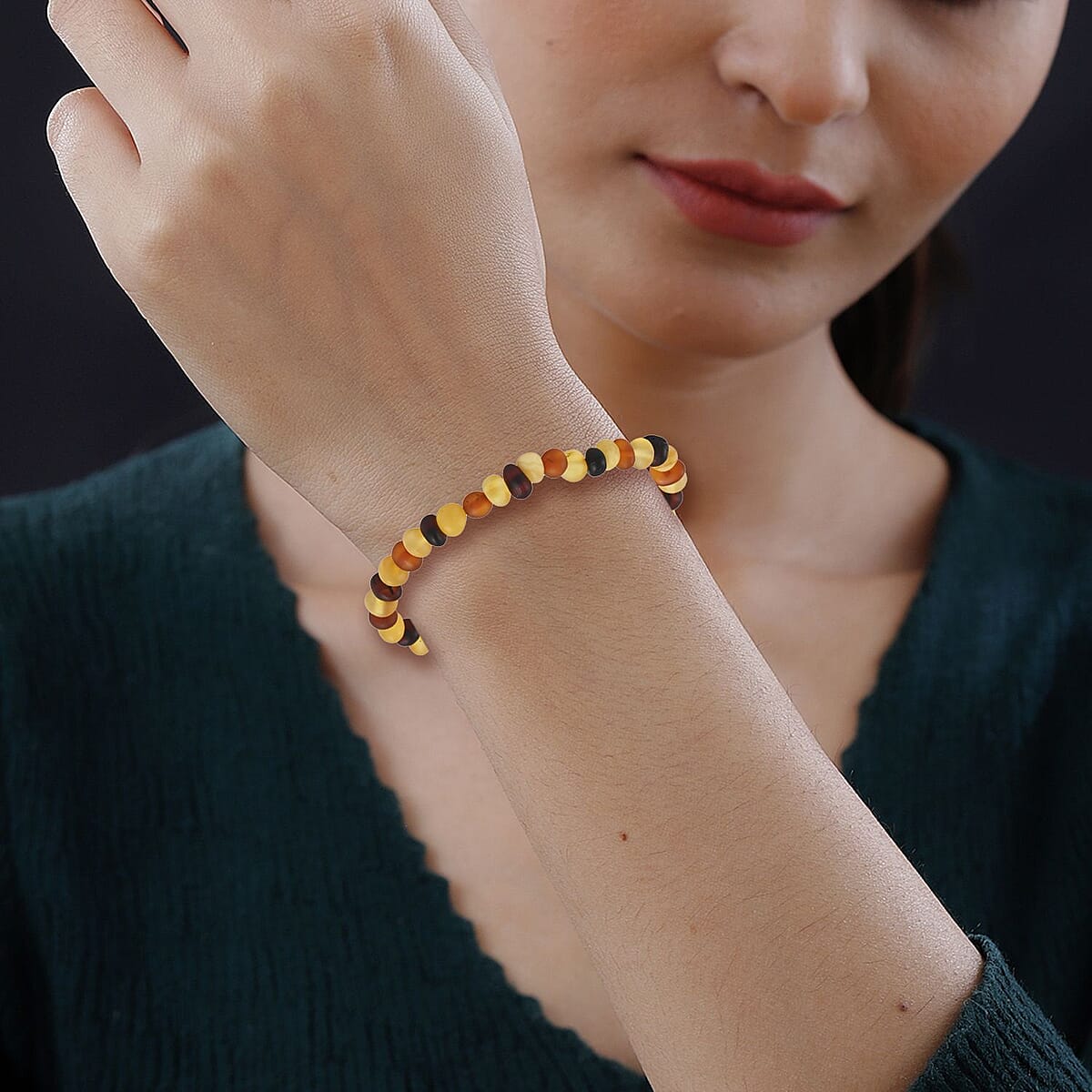 Multi-Color Matte Amber Beaded Stretch Bracelet image number 2