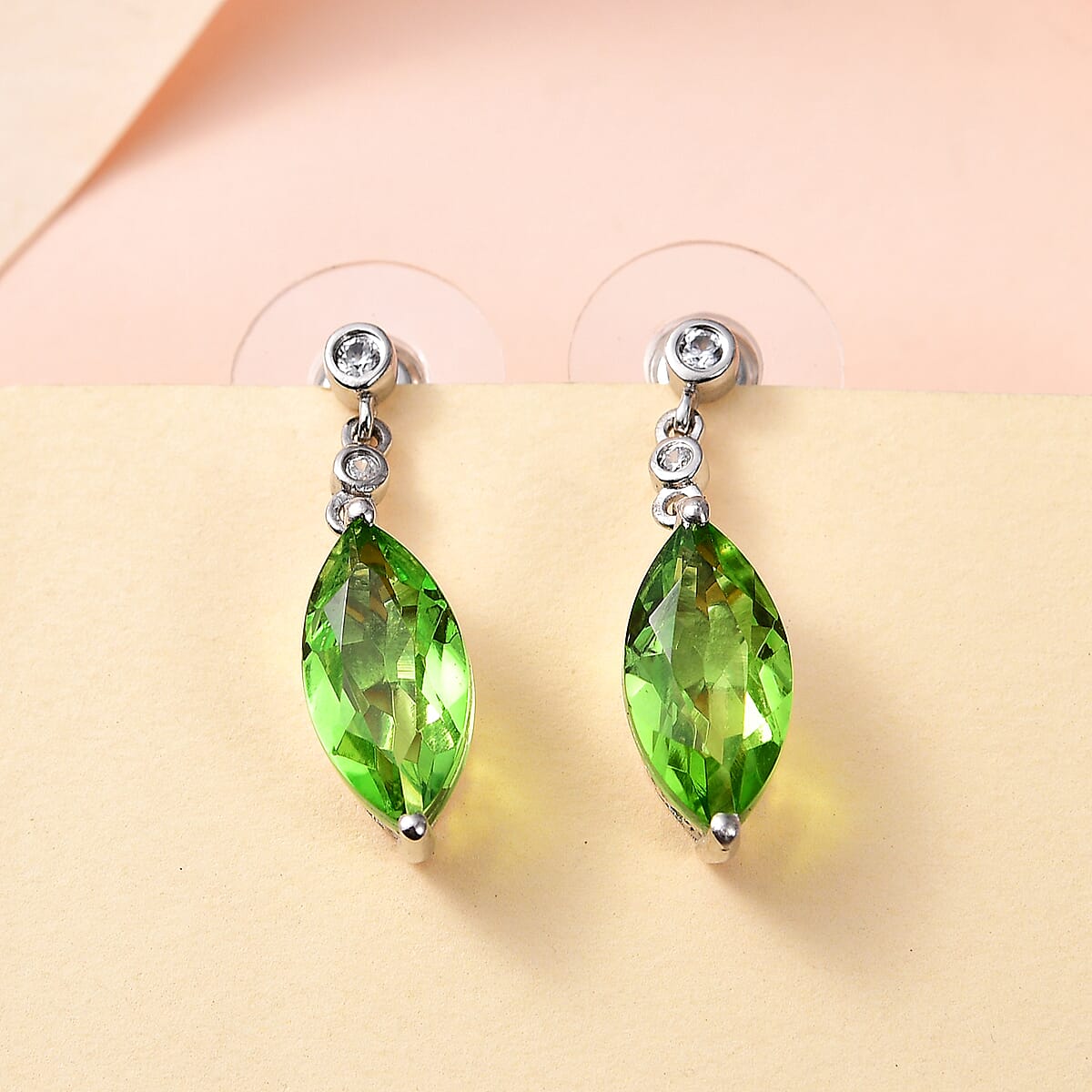 Chartreuse Quartz (Triplet) and White Zircon Earrings in Platinum Over Sterling Silver 6.65 ctw image number 1