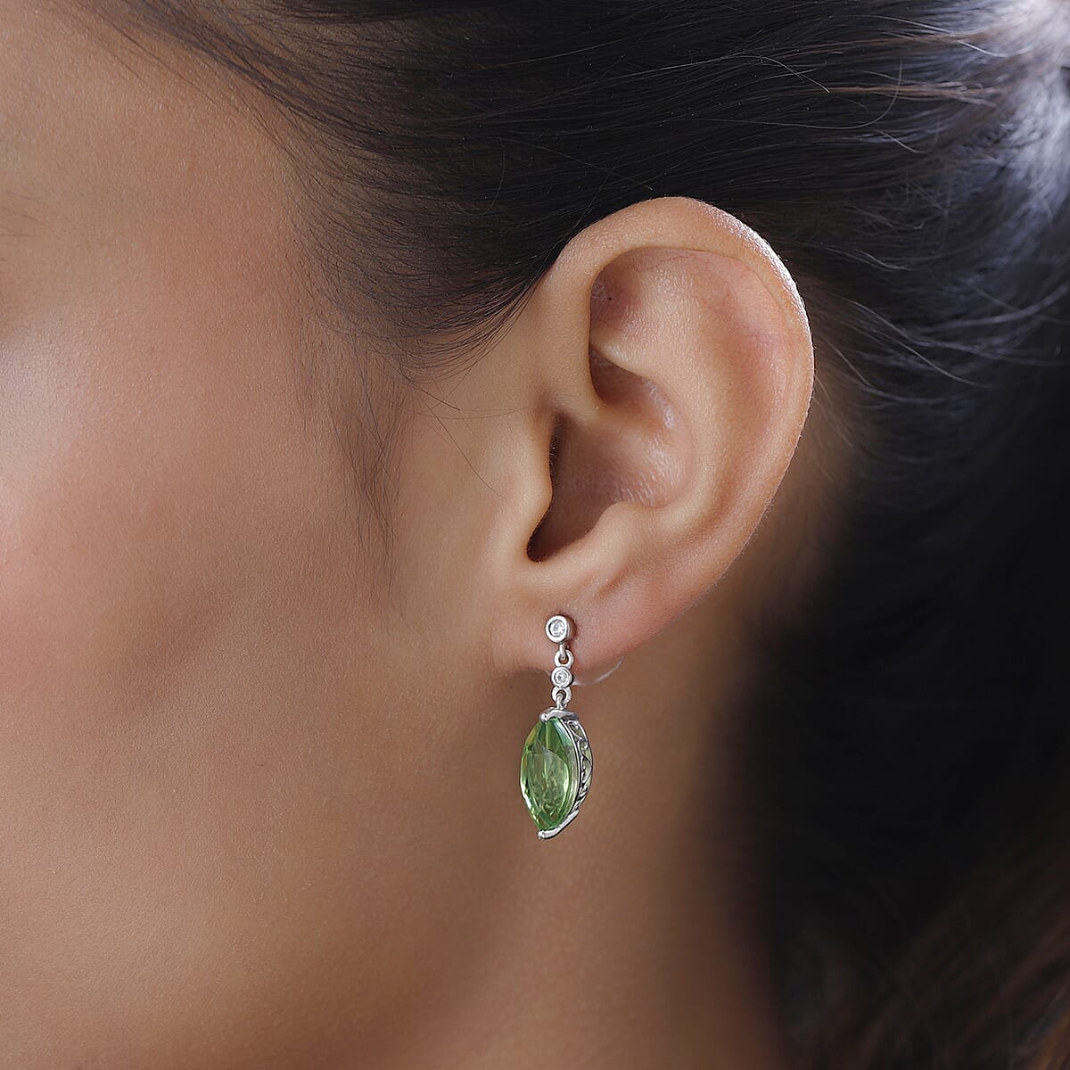 Chartreuse Quartz (Triplet) and White Zircon Earrings in Platinum Over Sterling Silver 6.65 ctw image number 2