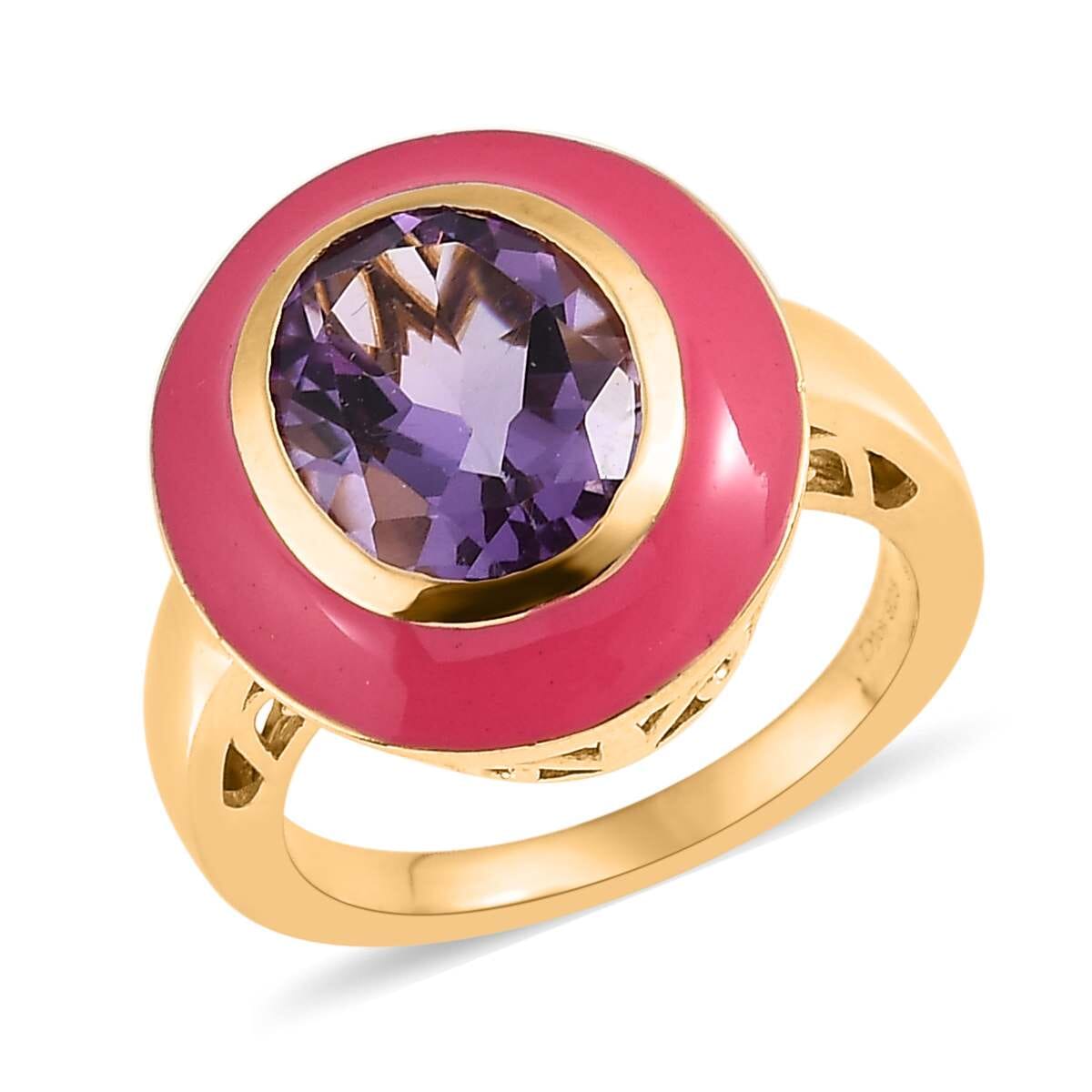 Doorbuster Rose De France Amethyst Solitaire Pink Enameled Ring in Vermeil Yellow Gold Over Sterling Silver 3.25 ctw image number 0