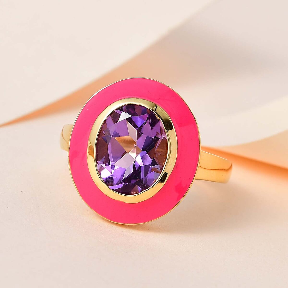 Rose De France Amethyst Solitaire Pink Enameled Ring in Vermeil Yellow Gold Over Sterling Silver (Size 7.0) 3.25 ctw image number 1
