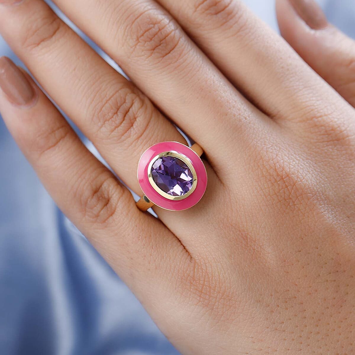 Rose De France Amethyst Solitaire Pink Enameled Ring in Vermeil Yellow Gold Over Sterling Silver (Size 7.0) 3.25 ctw image number 2