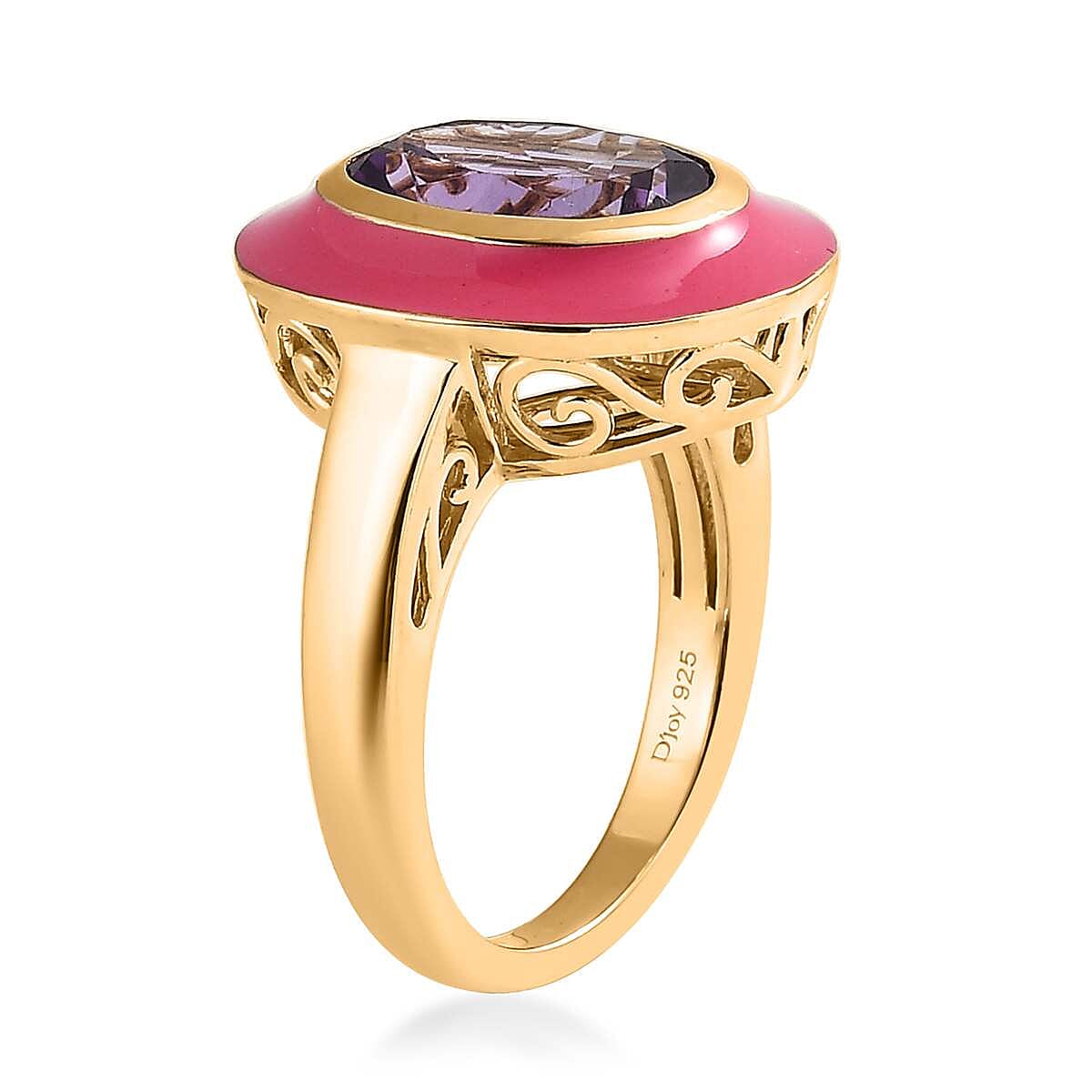 Rose De France Amethyst Solitaire Pink Enameled Ring in Vermeil Yellow Gold Over Sterling Silver (Size 7.0) 3.25 ctw image number 3