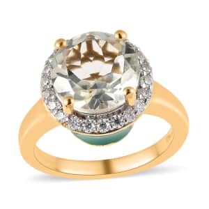 Montezuma Prasiolite and Moissanite Halo Ring in Vermeil Yellow Gold Over Sterling Silver (Size 6.0) 3.75 ctw