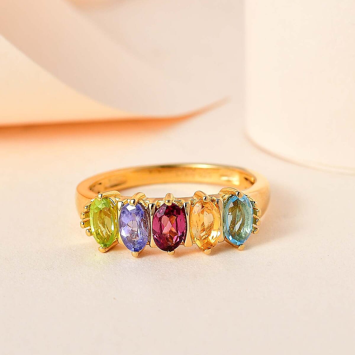 Multi Gemstone 5 Stone Band Ring in Vermeil Yellow Gold Over Sterling Silver (Size 6.0) 1.25 ctw image number 1