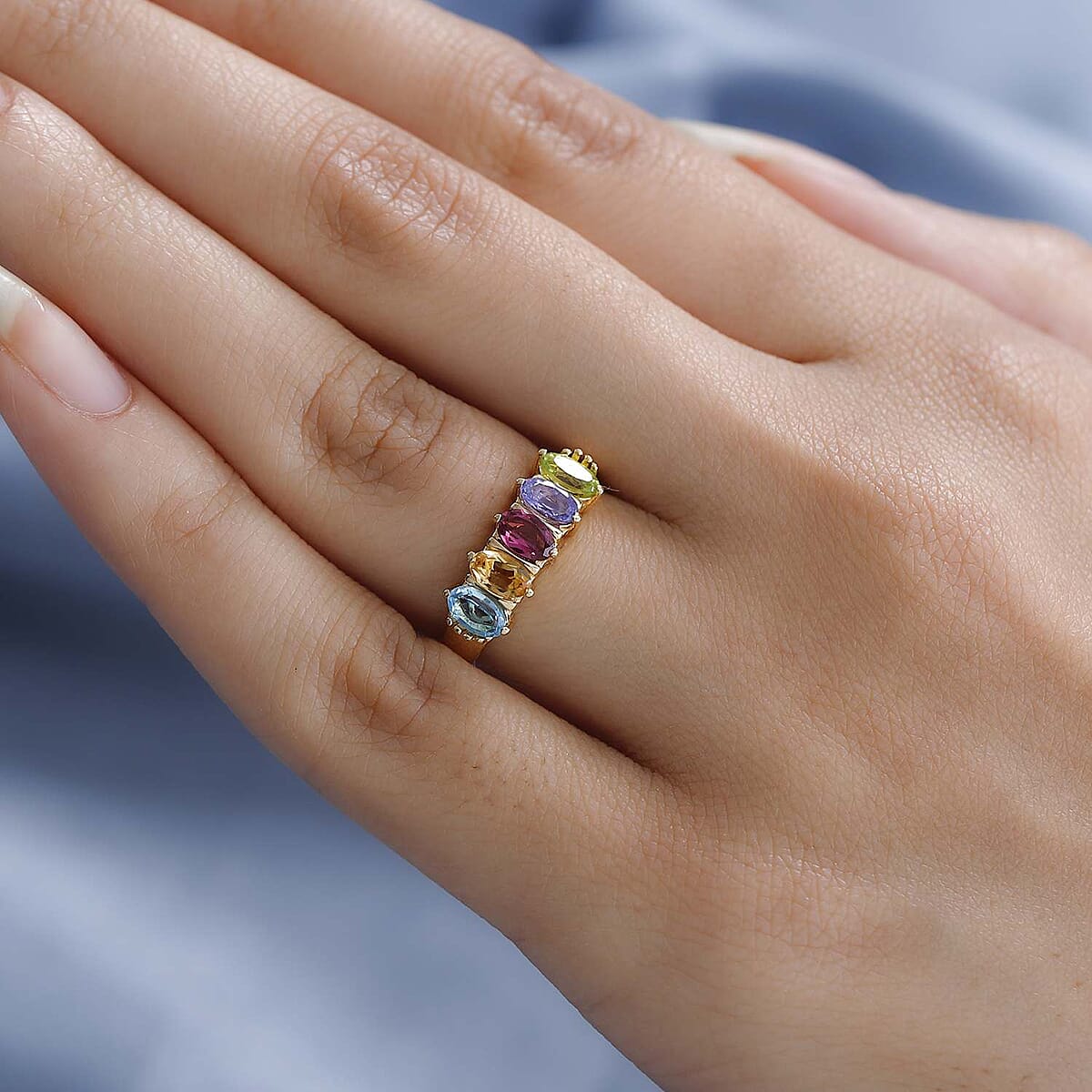 Multi Gemstone 5 Stone Band Ring in Vermeil Yellow Gold Over Sterling Silver (Size 7.0) 1.25 ctw image number 2