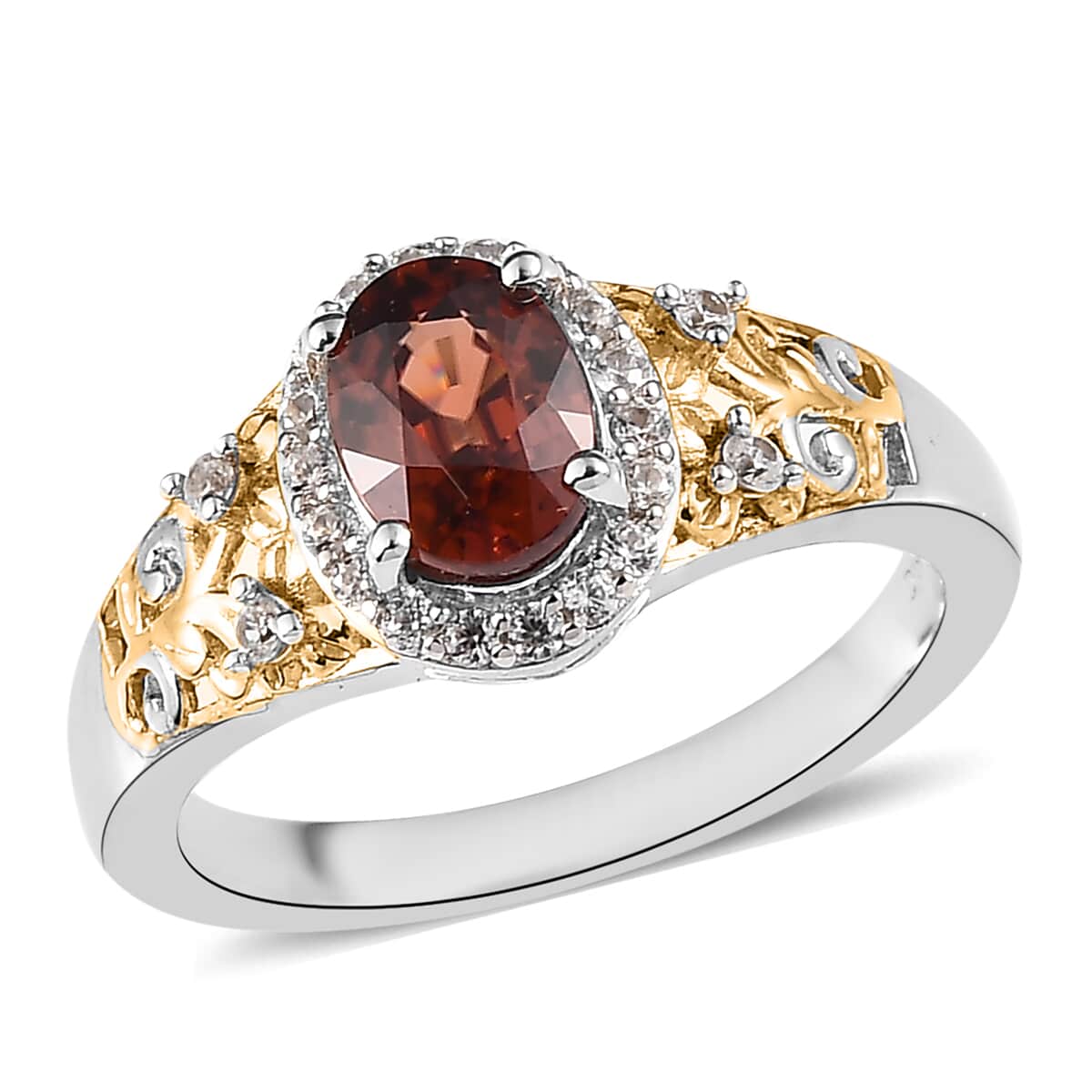 Premium Red Zircon and White Zircon Ring in Vermeil Yellow Gold and Platinum Over Sterling Silver 1.70 ctw image number 0