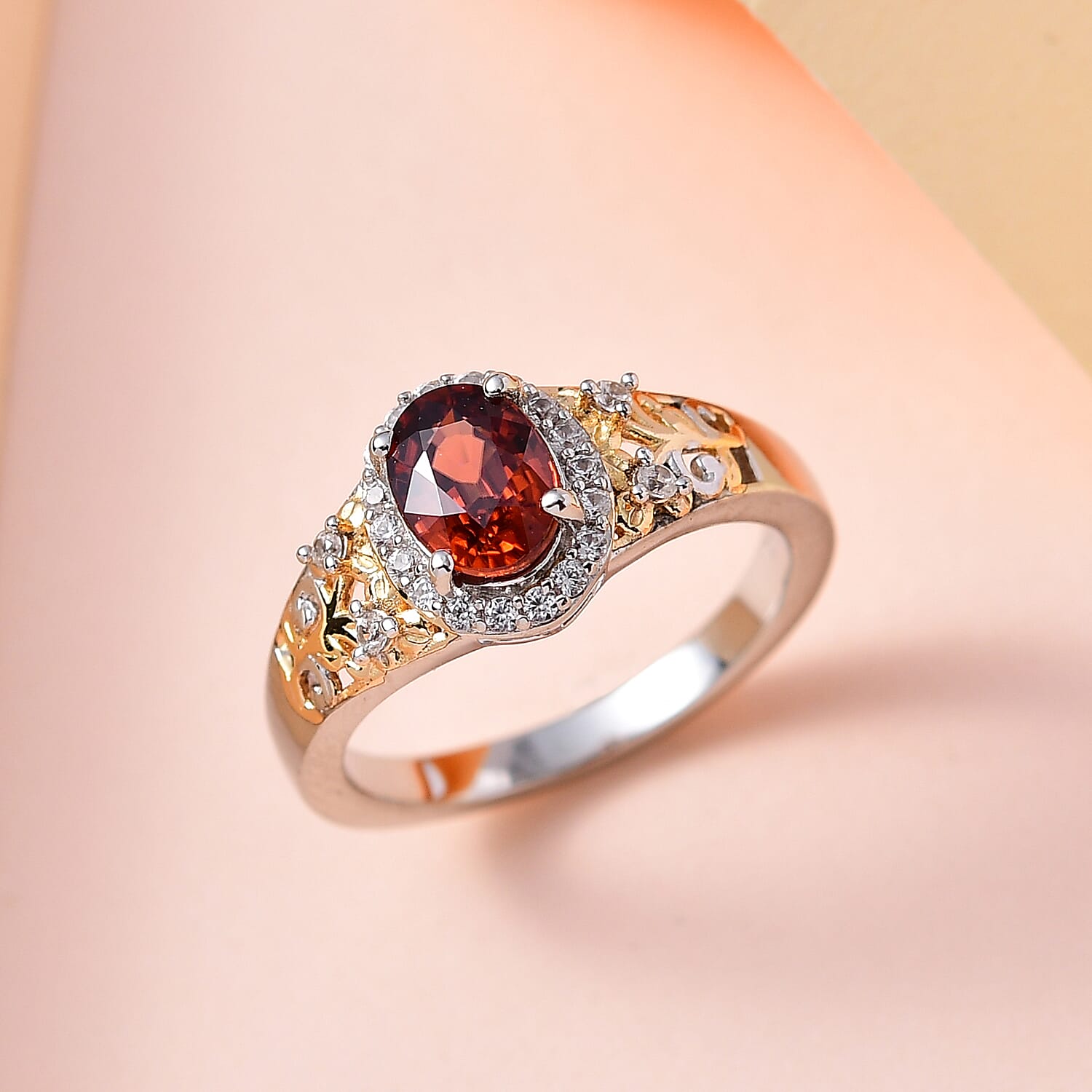 Premium Red Zircon and White Zircon Ring in Vermeil Yellow Gold and Platinum Over Sterling Silver (Size 10.0) 1.70 ctw