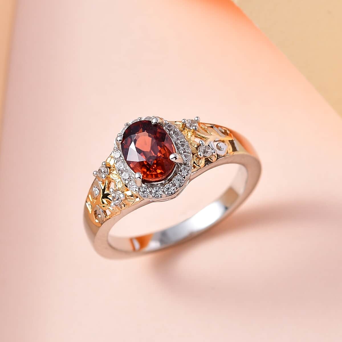 Premium Red Zircon and White Zircon Ring in Vermeil Yellow Gold and Platinum Over Sterling Silver 1.70 ctw image number 1