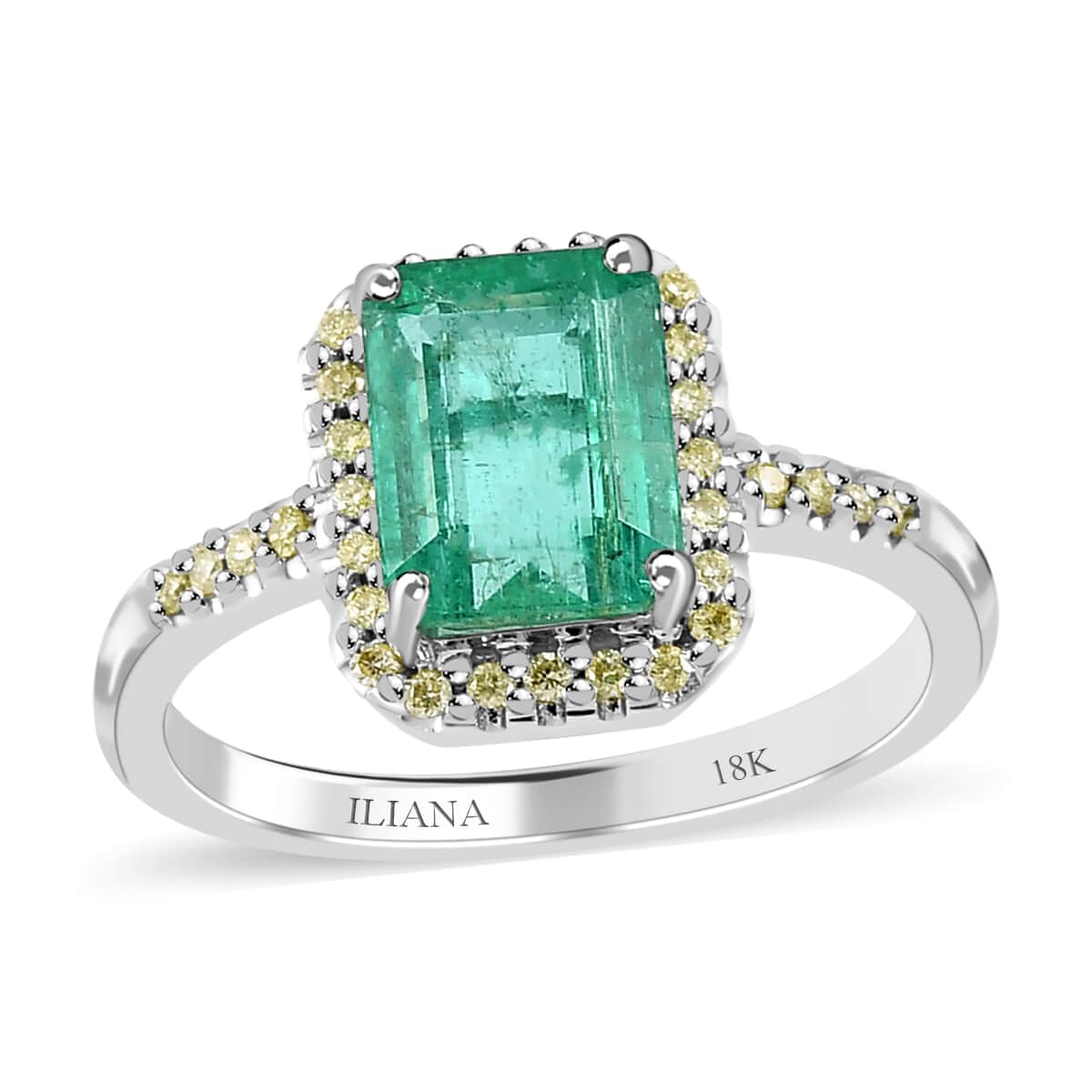 Iliana 18K White Gold AAA Kagem Zambian Emerald and S2 Natural Yellow Diamond Halo Ring (Size 8.0) 1.85 ctw image number 0