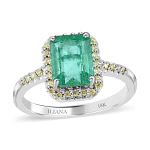 Iliana 18K White Gold AAA Kagem Zambian Emerald and S2 Natural Yellow Diamond Halo Ring (Size 8.0) 1.85 ctw