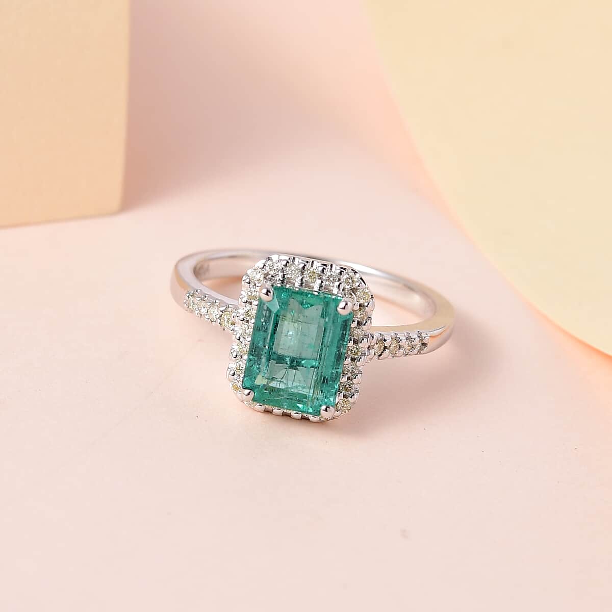 Iliana 18K White Gold AAA Kagem Zambian Emerald and S2 Natural Yellow Diamond Halo Ring (Size 8.0) 1.85 ctw image number 1