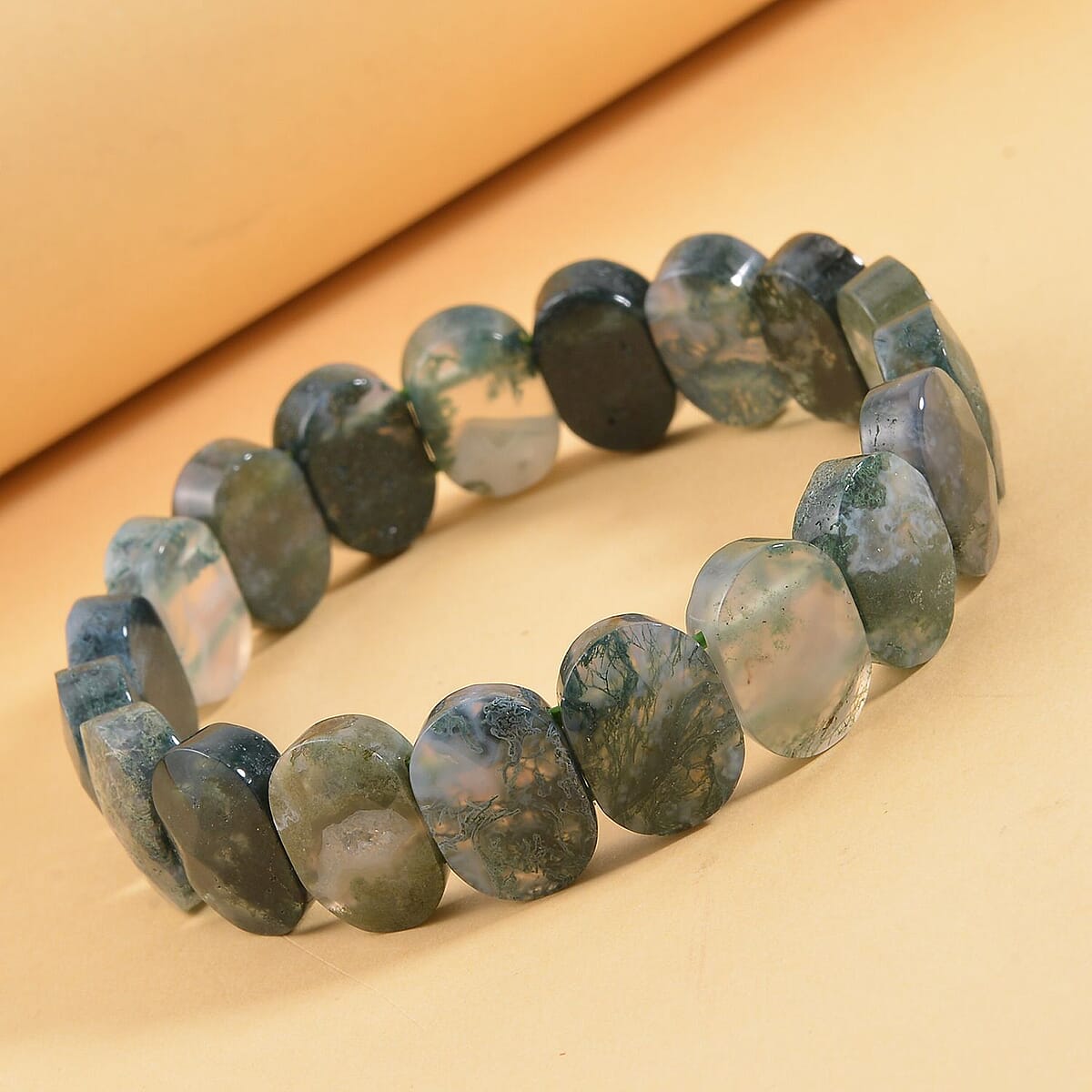 Moss Agate Stretch Block Bracelet 145.50 ctw image number 1