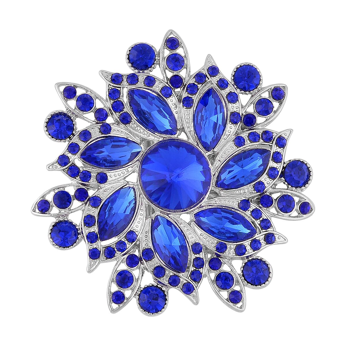Blue Austrian Crystal and Blue Glass Floral Belt Buckle in Silvertone image number 0