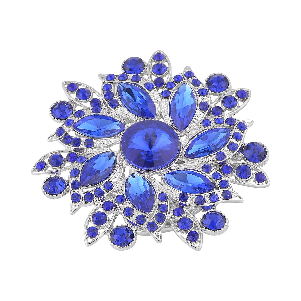 Blue Austrian Crystal and Blue Glass Floral Belt Buckle in Silvertone image number 1